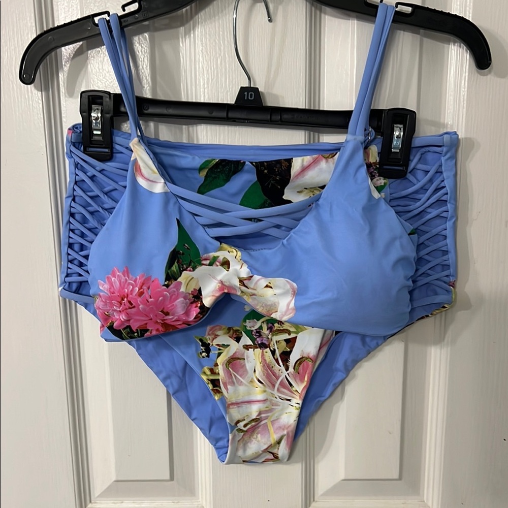 TiniBikini periwinkle Blue Floral Swimsuit with Crisscross Sides